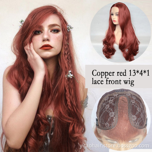 Wholesale price synthetic  Copper red color  long wave hair wig deputy synthes tfnadvanced Lace front  wigs vendor
